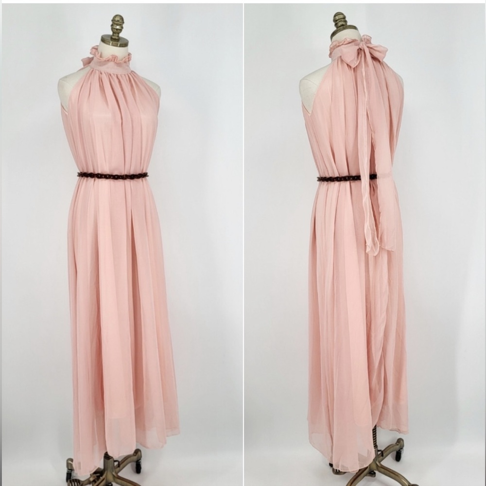 Vintage Handmade Maxi Dress Sleeveless High Neck Ruffled Bow Blush Pink